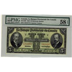 La Banque Provinciale du Canada 1928 $5 L424447 CH-615-14-08 PMG AU58EPQ