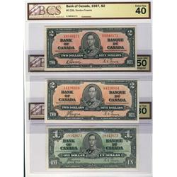 1937 $1 BC-21d VF30, $2 BC-22c AU50 & BC-22b EF40.  Lot of 3 notes all BCS graded.