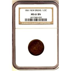 New Brunswick 1861 ½¢ NGC MS61BN.  Sharp strike.
