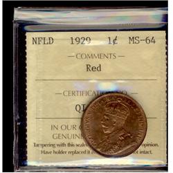 Nfld 1929 1¢ ICCS MS64 Red, 90% red lustre