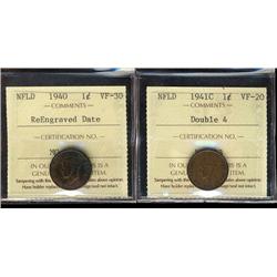 Nfld 1940 Re-Eng VF30 & 1941c Dbl 4 VF20.  Lot of 2 ICCS graded coins.