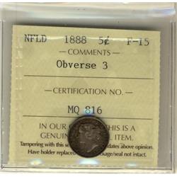 Nfld 1888 5¢ ICCS Obv 3 ICCS F15.