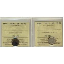 Nfld 1917c & 1919c 5¢ ICCS MS62.  Lot of 2 coins.