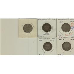 Nfld 1865, 1880, 1881, 1882H, 1885 20¢, average grades VG8, 5 pieces.