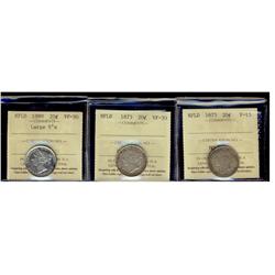 Nfld 1873 20¢ F15, VF30 & 1899 Lg 9's ICCS VF30.  Lot of 3 coins.