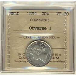 Nfld 1894 20¢ Obv 1 ICCS VF30.