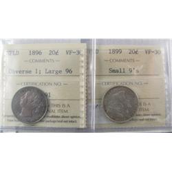 Nfld 1896 20¢ Obv 1, Lg 96 7 1899 SML 9's ICCS VF30.  Lot of 2 coins.