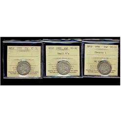 Nfld 1896 20¢ Obv 1, 1899 Sml 9's & 1900 ICCS VF30.  Lot of 3 coins.