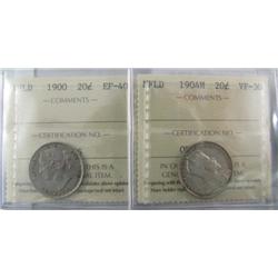 Nfld 1900 20¢ EF40 & 1904H VF30.  Lot of 2 coins both ICCS graded.