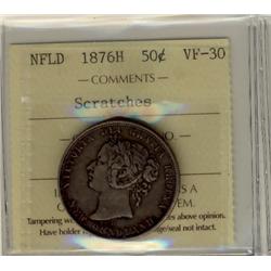Nfld 1876H 50¢ ICCS VF30.  Designated with scratch.