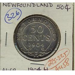 Nfld 1904H 50¢ AU-58, choice with lots of lustre, some toning.