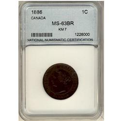1886 1¢ NNC MS63BN.  Lustrous brown.  A nice example.