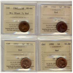 1944, 1947 ML Blt7, 1950 & 1952 1¢ ICCS MS64RD.  Lot of 4 coins.