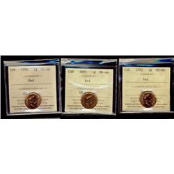1992, 1993 & 1994 1¢ ICCS MS66RD.  Lot of 3 coins.