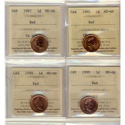 1995 1¢, 1997 & 1999(2) MS66.  Lot of 4 ICCS graded coins.