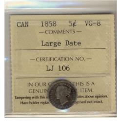 1858 5¢ Large Date ICCS VG8.