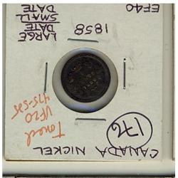 1858 5¢ Large Date VF20, toned.