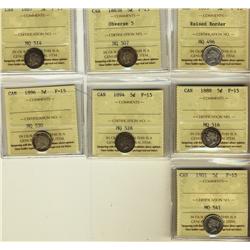 1870 5¢ RB, 1883H Obv 5, 1887, 1888, 1894, 1896 & 1901 all ICCS F15.  Lot of 7 coins.