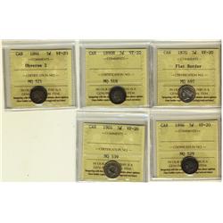 1870 5¢ FB, 1890H, 1891 Obv 2, 1896 & 1901 all VF20.  Lot of 5 coins.