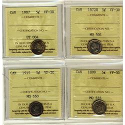 1872H 5¢, 1887, 1899, 1915 5¢ all ICCS VF30.  Lot of 4 coins.