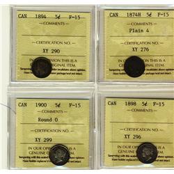 1874H 5¢ Pl, 1894, 1898 & 1900 Rd 0 ICCS F15.  Lot of 4 coins.