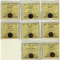 1886 5¢ Sml, 1891 Obv 2, 1891 Obv 5, 1897 Slender, 1897 Wide, 1900 Oval, 1908 Sml & 1909 Ptd Lvs all