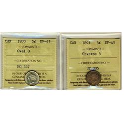 1891 5¢ Obv 5 & 1900 Oval ICCS EF45.  Lot of 2 coins.