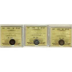 1893 5¢, 1898 & 1901 ICCS VF20.  Lot of 3 coins.
