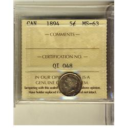 1894 5¢ ICCS MS63, lightly toned.  Key date.