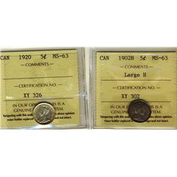 1902H Lg & 1920 ICCS MS63. Lot of 2 coins.
