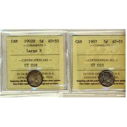 1907 & 1902H 5¢ ICCS AU55.  Lot of 2 coins.