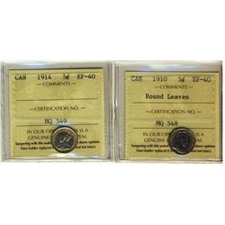 1910 RL & 1914 5¢ ICCS EF40.  Lot of 2 coins.