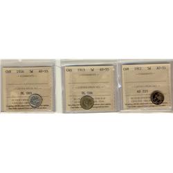 1911, 1913 & 1916 5¢ ICCS AU55.  Lot of 3 coins.