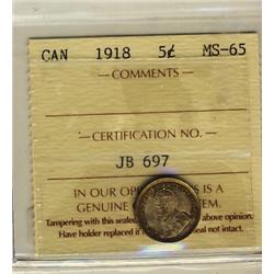 1918 5¢ ICCS MS65, lightly toned.  Nice.