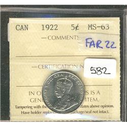 1922 5¢ ICCS MS63.  Looks to be a Far varietie,  but not identified on holder.