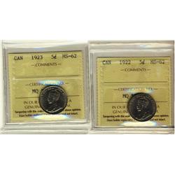 1922 & 1923 5¢ ICCS MS62.  Lot of 2 coins.