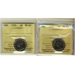 1922 & 1935 5¢ ICCS MS62.  Lot of 2 coins.