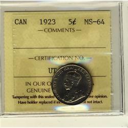 1923 5¢ ICCS MS64.  Scarce grade.