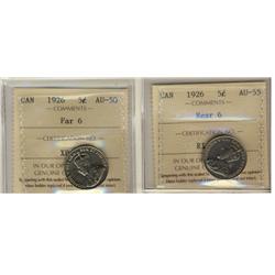 1926 5¢Far AU50 & Near AU55.  Lot of 2 coins both ICCS.