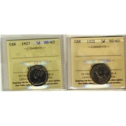 1927 & 1928 5¢ ICCS MS63.  Lot of 2 coins.