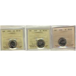 1928, 1929 & 1939 5¢ ICCS MS60.  Lot of 3 coins.