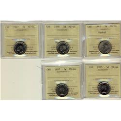 1942 5¢ Nickel, 1946, 1947, 1955 & 1957 ICCS MS64.  Lot of 5 coins.
