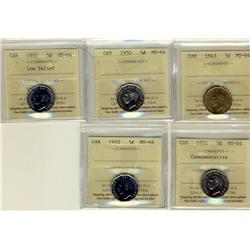 1943 5¢, 1950, 1951 LR, 1951 Comm & 1952 ICCS MS64.  Lot of 5 coins.