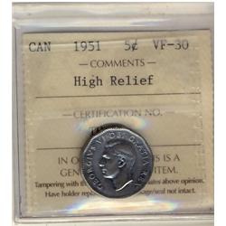 1951 5¢ High Relief ICCS VF30.