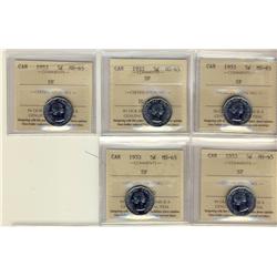 1953 SF 5¢ ICCS MS65.  Lot of 5 coins.
