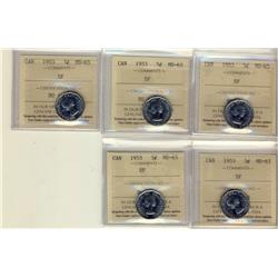 1953 SF 5¢ ICCS MS65.  Lot of 5 coins.