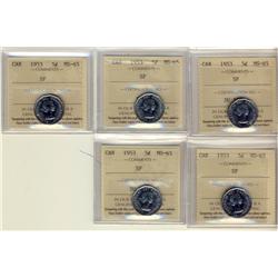 1953 SF 5¢ ICCS MS65.  Lot of 5 coins.