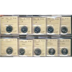 1954 5¢(4), 1963(2), 1964 Cam, 1965 Cam and Hvy Cam & 1970 Hvy Cam.  Lot of 10 ICCS PL64 examples.