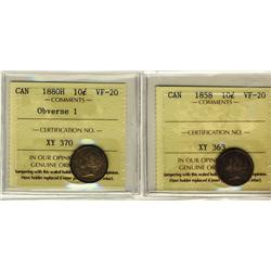 1858 & 1880H Obv 1 10¢ ICCS VF20. Lot of 2 coins.