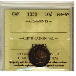 1858 10¢ ICCS MS63.  Attractive golden tones.